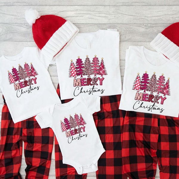 Merry Christmas Pink Trees Shirts,Merry Christmas Family Matching TShirts,Pink Leopard Buffalo Plaid Christmas Trees,Xmas Gift,Winter Shirt