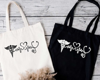 Heartbeat Stethoscope Canvas Tote Bag, Nurse Doctor Gift