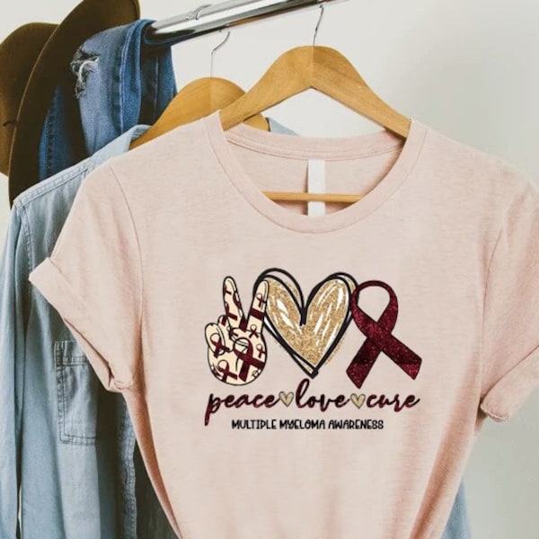 Peace Love Cure Multiple Myeloma Shirt,Gift For Multiple Myeloma,Myeloma Cancer Awareness Tee,Myeloma Fighter,Cancer Ribbon Shirt,Cancer Tee