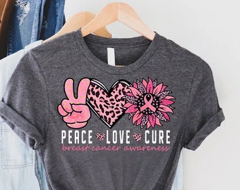 Peace Love Cure Breast Cancer Shirt,Cancer Warrior Gift,Breast Cancer Awareness Tee,Motivational Shirt,Pink Ribbon T-Shirt,Cancer Support