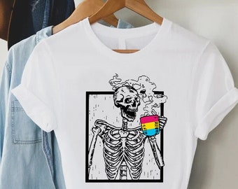 Pansexual Skeleton Shirt, Pansexual Gift,Skeleton Drinking Coffee TShirt,Pansexual Flag Shirt,LGBTQ Pride Shirt,Pansexual Outfit,LGBTQ Gift