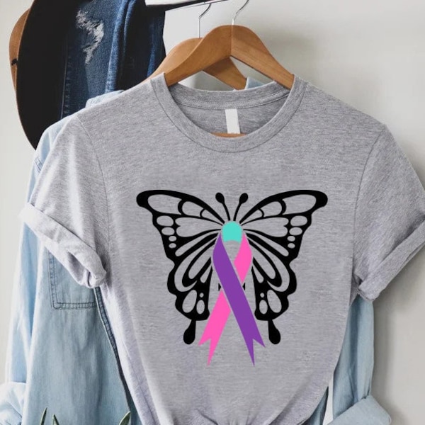 Thyroid Cancer Butterfly Ribbon Shirt,Thyroid  Cancer Awareness Tee,Cancer Survivor Gift,Pink Blue Teal Ribbon,Support Thyroid Cancer Shirt