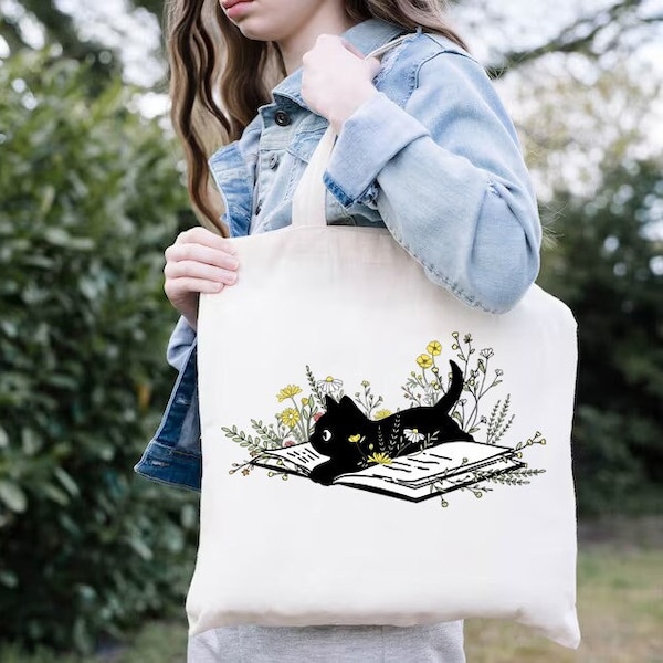 Bookish Tote Bag, Floral Book Cat Tote, Book Lovers Gift, Cat Lover Book Bag, Reading Tote Bag, Librarian Gift, Cats And Books, Cat Mom Gift