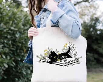 Bookish Tote Bag, Floral Book Cat Tote, Book Lovers Gift, Cat Lover Book Bag, Reading Tote Bag, Librarian Gift, Cats And Books, Cat Mom Gift