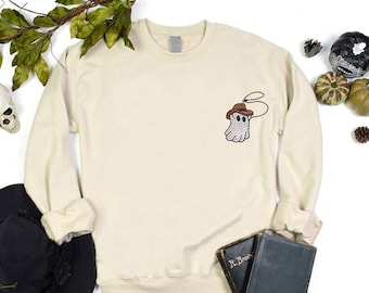 Embroidered Cowboy Ghost Sweatshirt, Western Halloween Crewneck