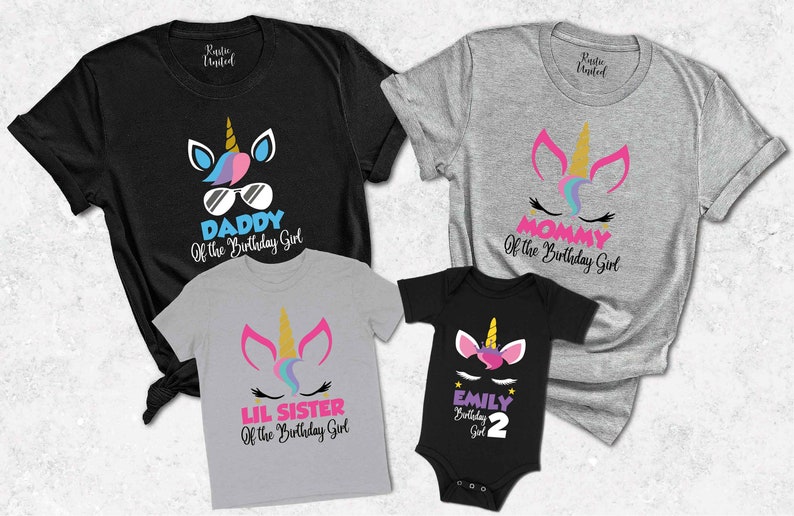 May include: A set of four t-shirts featuring a unicorn design with the text "Daddy of the Birthday Girl", "Mommy of the Birthday Girl", "Lil Sister of the Birthday Girl", and "Emily Birthday Girl 2".
