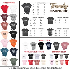 K&ouml;nnte beinhalten: Eine Tabelle mit verschiedenen T-Shirt-Gr&ouml;&szlig;en und -Farben f&uuml;r Unisex-, V-Ausschnitt-, Kleinkind-, Jugend- und Bodystile. Die Tabelle enth&auml;lt Brust- und L&auml;ngenma&szlig;e in Zoll. Der Text "Trendy Customgoods" befindet sich oben in der Tabelle.