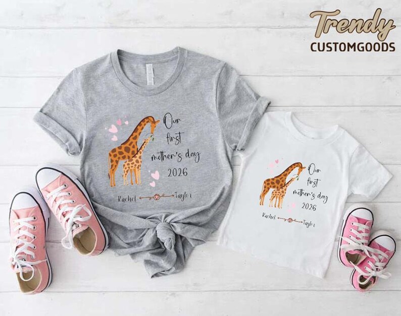 Giraffe First Mothers Day Matching Shirts,Mommy and Me Tees,Mom and Baby Shirts, New Mom Gift image 2