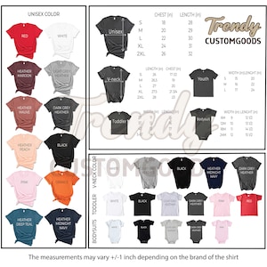 K&ouml;nnte beinhalten: Eine Tabelle mit verschiedenen Unisex-T-Shirt-Farben, Gr&ouml;&szlig;en und Ma&szlig;en in Zoll. Die Tabelle zeigt auch verschiedene Farben f&uuml;r Kleinkind- und Jugendgr&ouml;&szlig;en. Die Tabelle tr&auml;gt den Titel "Trendy Customgoods".