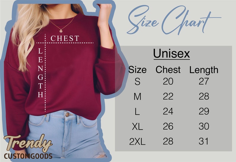 Puede incluir: Tabla de tallas unisex para una sudadera con medidas en pulgadas para el pecho y la longitud. Las tallas incluyen S, M, L, XL y 2XL.