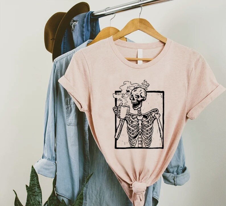 Skeleton Drinking Coffee Shirt,Funny Halooween Skeleton Shirt,Coffee Lover Tee,Coffee Addict Shirt,Halloween Gift,Skull Halloween Coffee Tee