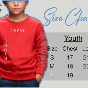 May include: Size chart for youth sweatshirts. The chart shows chest and length measurements in inches for sizes S, M, and L.