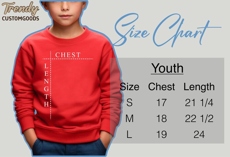 May include: Size chart for youth sweatshirts. The chart shows chest and length measurements in inches for sizes S, M, and L.