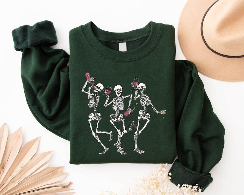 Dancing Skeletons Halloween Sweatshirt,Wine Drinking Skeletons Sweater,Halloween Party,Wine Lover Gift,Spooky Season Crewneck,Halloween Gift afbeelding 1