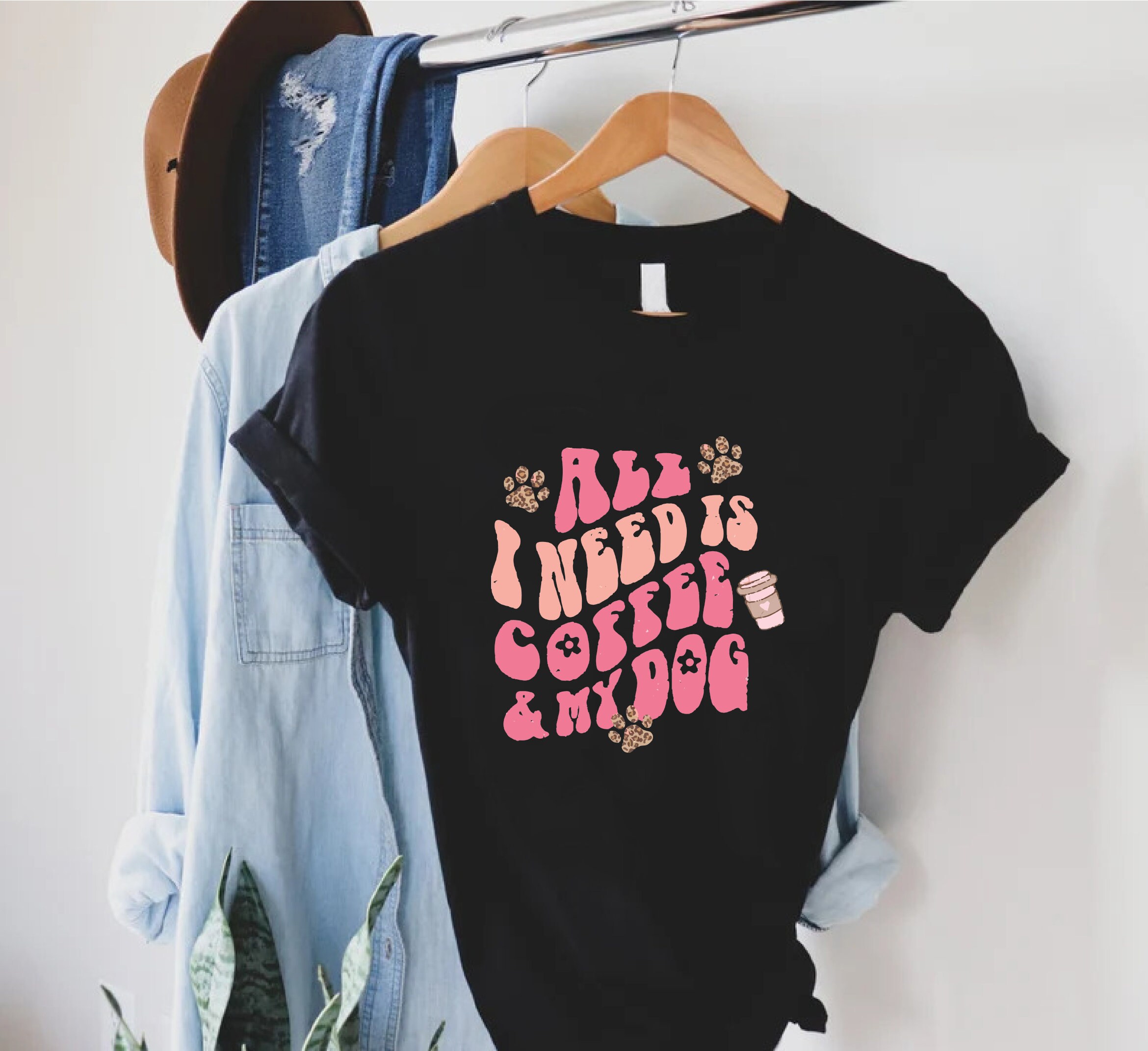 "All I Need Is Coffee And My Dog" Women's T-Shirt - Funny Dog Mom Shirt, Cotton Blend, Size Large Pink - View #8