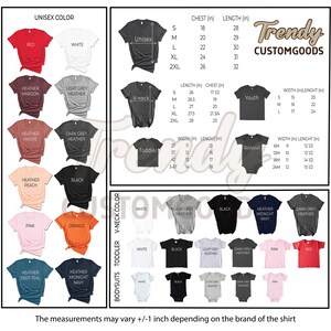 May include: A chart showing different unisex t-shirt colours, sizes, and measurements in inches. The chart also shows different colours for toddler and youth sizes. The chart is titled "Trendy Customgoods".