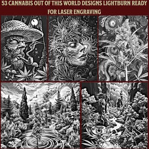 Peut inclure: Une collection de 53 illustrations numériques en noir et blanc de plants de cannabis, présentant divers motifs, notamment une personne avec un plant de cannabis poussant de sa tête, un plant de cannabis poussant dans une forêt et un plant de cannabis poussant dans une forêt de champignons. Les illustrations sont intitulées "53 Cannabis Out of This World Designs Lightburn Ready for Laser Engraving".