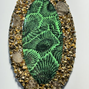 Wall Art, Petoskey Stones, & Lake Michigan Rocks with laser engraved green and black petoskey stone pattern