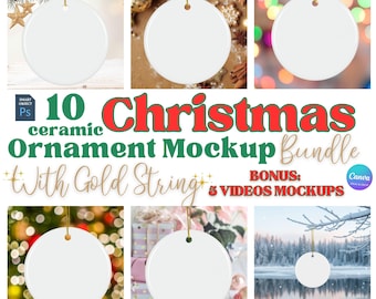 Christmas Ornament Mockup Bundle, Round Ceramic Ornament Mock Up, Print on Demand Ornament with Gold String, Holiday Mockups PSD Canva PNG