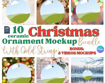 Christmas Ornament Mockup Bundle, Round Ceramic Ornament Mock Up, Print on Demand Ornament with Gold String, Holiday Mockups PSD Canva PNG