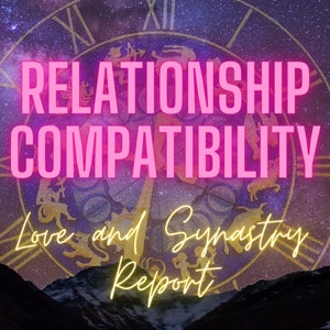 Puede incluir: Un gráfico rosa y amarillo con el texto "Compatibilidad de la relación Amor y Sinastría Informe" sobre un fondo de cielo nocturno estrellado y una rueda del zodíaco.