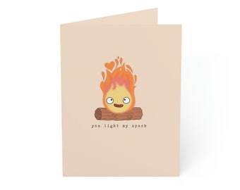 Calcifer Howl's Moving Castle Card, "You Light My Spark" Valentine's Day Anniversary Birthday Card, Trendy Aesthetic, 4.6 x 6.25 Inches