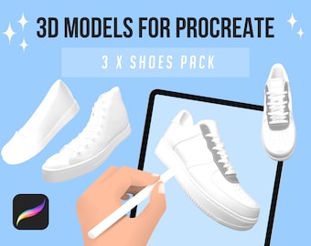 3 x Shoes 3D Procreate Model Pack Sneakers Hightop Ballet Shoe 3D Digital Painting on iPad | Taken from Procreate 3D Accessories Asset Pack