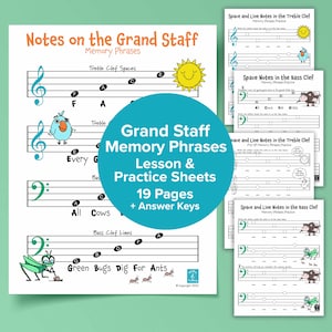 May include: Educational music theory worksheets titled Notes on the Grand Staff Memory Phrases, featuring treble and bass clef staves, musical notes, and cartoon illustrations of a sun, bird, cow, and bug, with a central teal circle overlay.