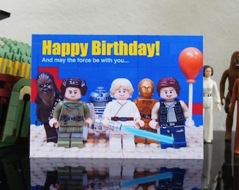 Biglietto d'auguri personalizzabile, biglietto d'auguri LEGO Star Wars Luke Skywalker Han Solo e Leia, minifigure, biglietto divertente, C3PO, R2 D2, Chewbacca