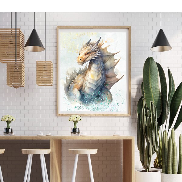 Dragon Fantasy blue and yellow isolated watercolours style room for kids and teen, printables easy fantasy art decor cliparts png