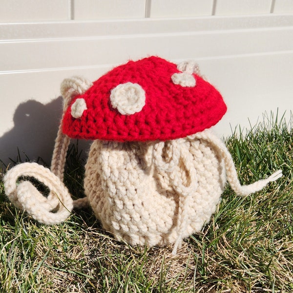 Crochet Mushroom Drawstring Crossbody Bag