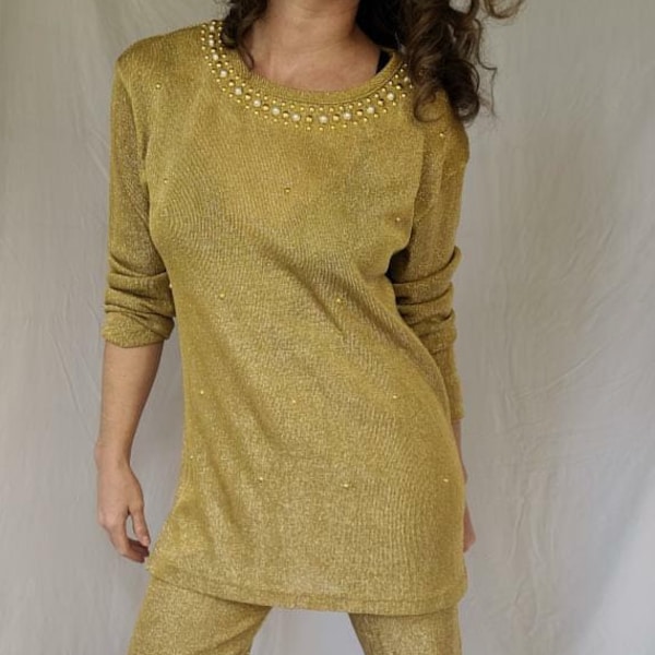 Vintage Late 80s Gold Top and Bottom Set by EZL in Size Large