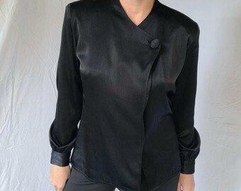 Vintage 1980s Black Silky Blouse NWT by Tess in Size 6