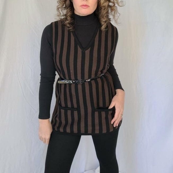 Vintage 1970s Anne Klein II Sweater Vest in Vertical Brown Stripes Size Small