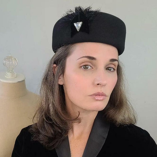 Vintage 1980s Black Pillbox Wool Hat with Crystal Embellishment by Liz Claiborne