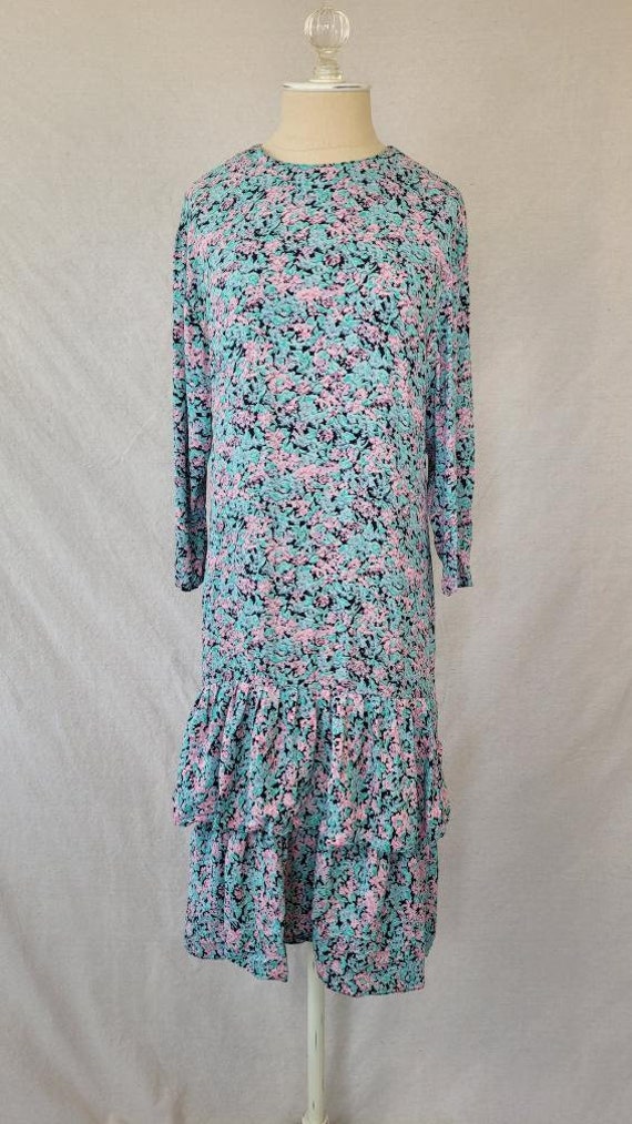 Vintage 1980s Floral Dropwaist Dress with Layered 
