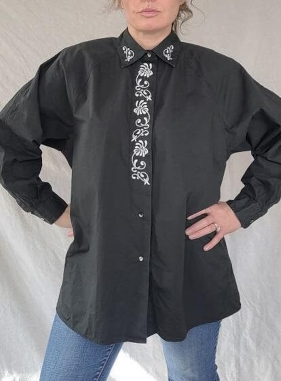 Vintage 1990s Western Black Blouse with Floral Emb