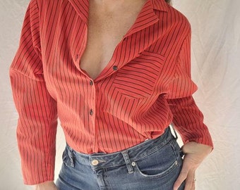 Vintage 1980s Stefano Sportswear Red Striped Button-down Top in Size M-L