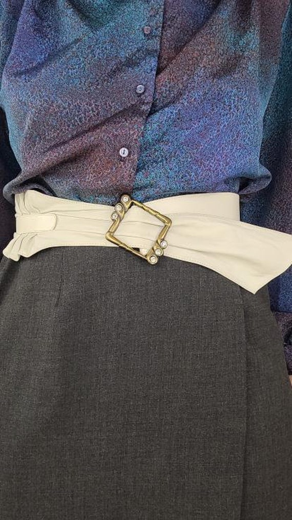 Vintage 1980s White Leather Belt With Gold and Rhi