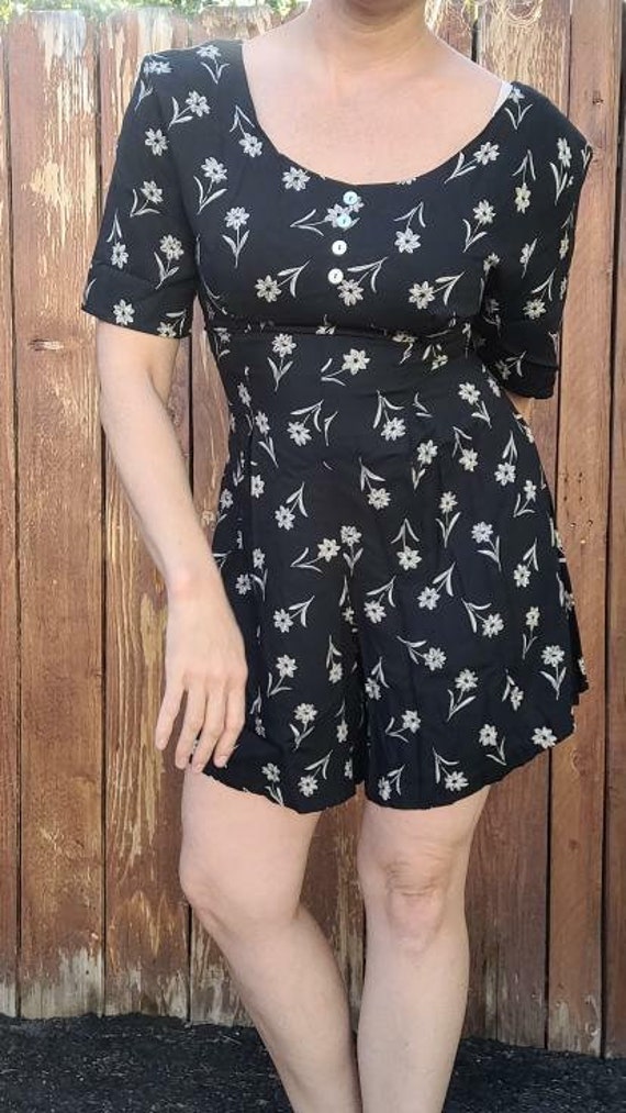 Vintage 1990s Black Floral Romper by Notations in 