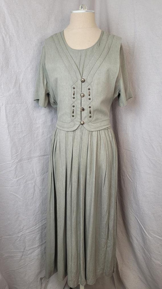 Vintage Early 1990s Sage Green Dress with Apron Embellishments by K Studio in Size 14