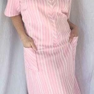 Vintage 1970s Femme Pink Striped House Dress by Sears Size Large