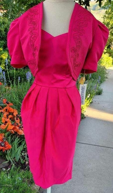 Vintage 1980s NWT Hot Pink Strapless Dress and Bolero Set by