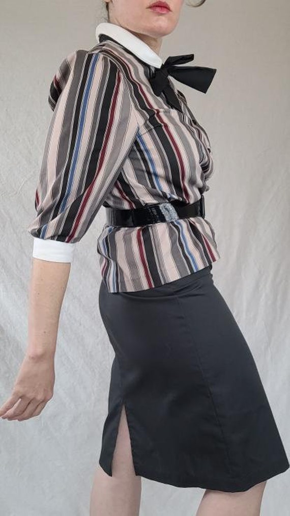 Vintage 1970s Striped Beige and Black Bowtie Blou… - image 2