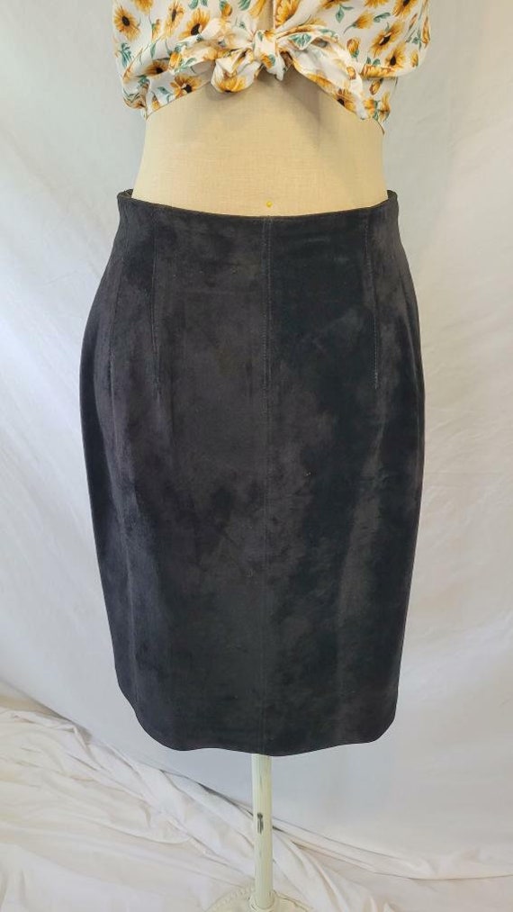 Vintage Early 1980s Black Suede Leather Skirt by E