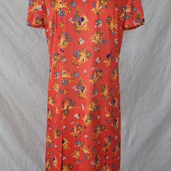 Vintage 1970s Rona New York Baroque/Folk Print Red Dress in Size Large