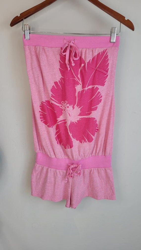 Vintage 1990s Pink Hibiscus Strapless Romper in Si