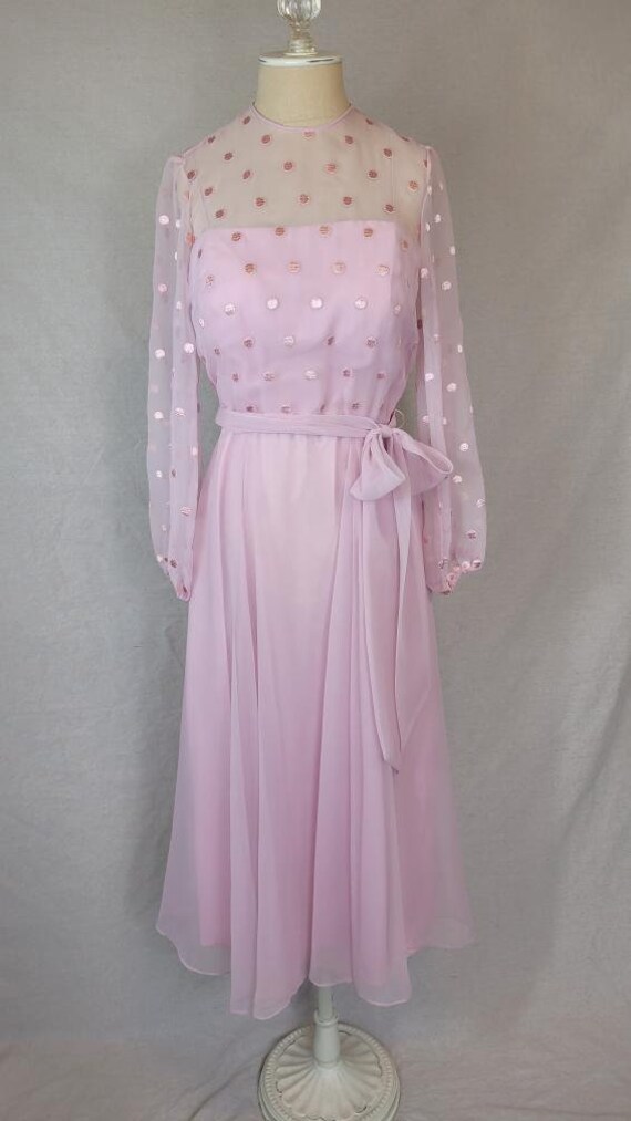 60s Buttoned Front Belted Polka Dot Organza Dress