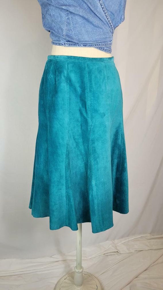 Vintage 1990s Blue Turquoise Suede Midi Skirt by S