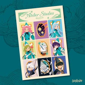 May include: A rectangular print featuring nine illustrated portraits of characters in teal and white outfits, each with a unique hairstyle and hat. The print has the text "Atelier Studies" and the artist's username.